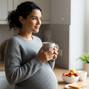  a pregnant woman holding a cup of coffee 