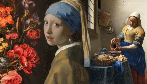 A collage of famous paintings from the Dutch Golden Age, including Vermeer's "Girl with a Pearl Earring" and "The Milkmaid," showcasing the rich art history of Holland.