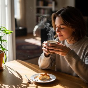 A person enjoying a cup of coffee in the morning 