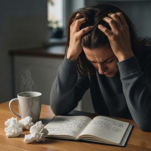 a person studying, looking focused and alert, with a cup of coffee on the desk 