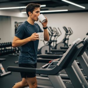 a person drinking coffee and exercising 
