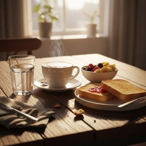 a coffee cup, a glass of water, and a light breakfast (toast and fruit) on a table in the morning sun 