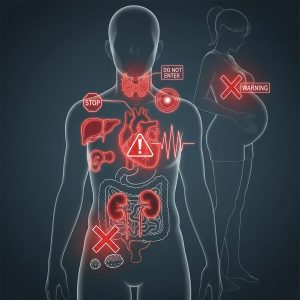 A conceptual image illustrating the keto diet harms, showing a balanced scale with a person losing weight on one side and symbols for health problems—such as a damaged heart and liver, and nutrient deficiencies—on the other.