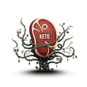 A conceptual illustration of the dangers of the keto diet, showing a seemingly appealing steak labeled 'KETO' growing on a thorny plant adorned with skulls and bones, representing the hidden health risks.