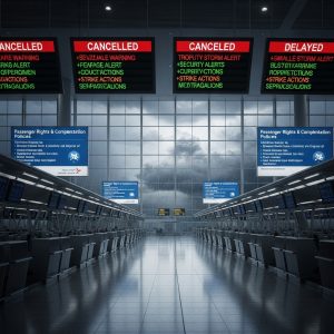 Hyper-realistic airport interior illustrating extraordinary circumstances without people. Empty check-in counters, digital screens showing flight cancellations or delays due to severe weather, security alerts, or strikes. Signage displaying passenger rights and compensation policies. Rain or storm effects visible through terminal windows, natural lighting, ultra-detailed textures, professional aviation editorial photography style.