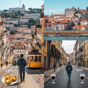 A traveler walking through the hilly streets of Lisbon, admiring colorful buildings and trams, contrasted with another scene of someone strolling along Porto’s cobbled riverside streets with Port wine cellars in the background. Include small icons or hints of food: pastéis de nata in Lisbon and a glass of Port in Porto. Scenic train connecting the two cities in the background, realistic style, daylight, high detail, travel photography perspective.