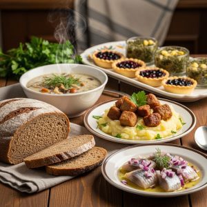 • Traditional dishes: Rye bread, wild mushroom soup, salted herring, mashed potatoes with fried meat, and local herbal desserts.
