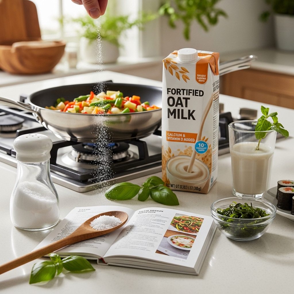 Use iodized salt in cooking moderately Consume fortified plant-based milk several times a week Include small amounts of seaweed once a week (if desired)