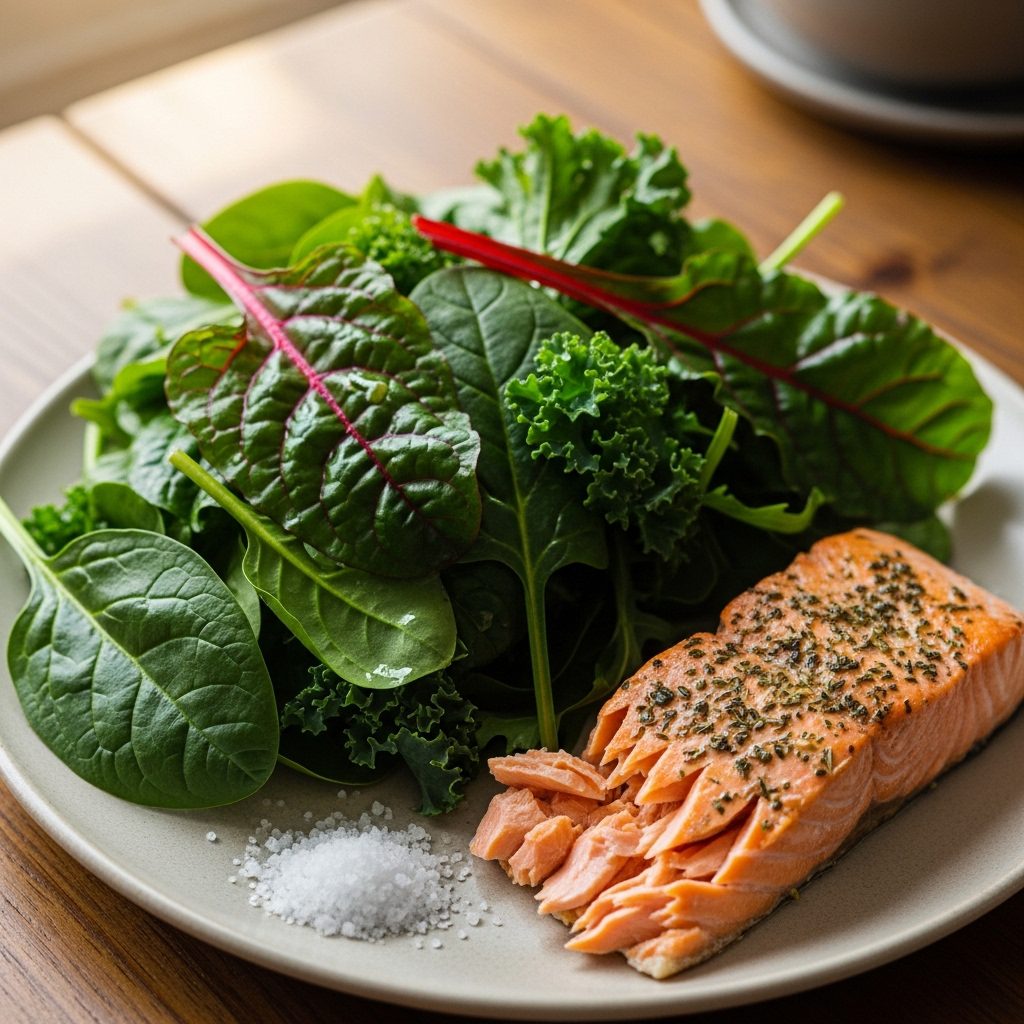 Leafy greens (magnesium + potassium) A quality protein source A moderate amount of natural salt