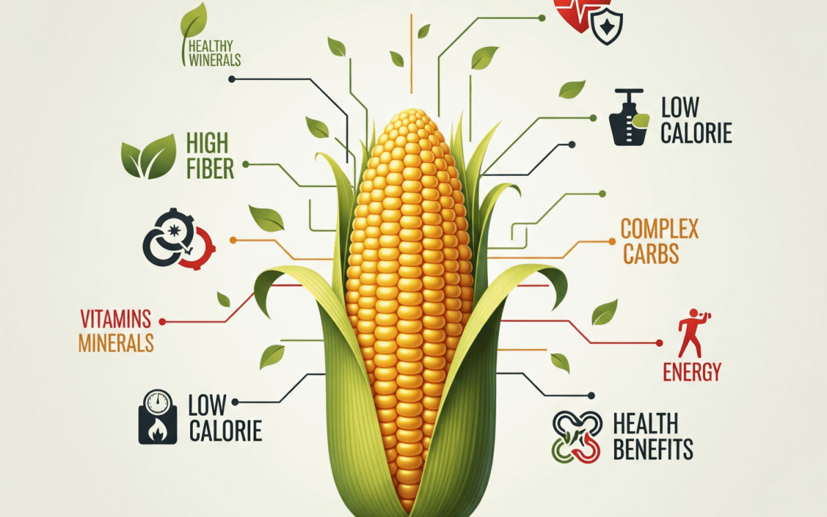 A conceptual illustration of the Benefits of Corn, showing a central corn cob with branching icons representing its health properties, including high fiber, low calories, and complex carbs.