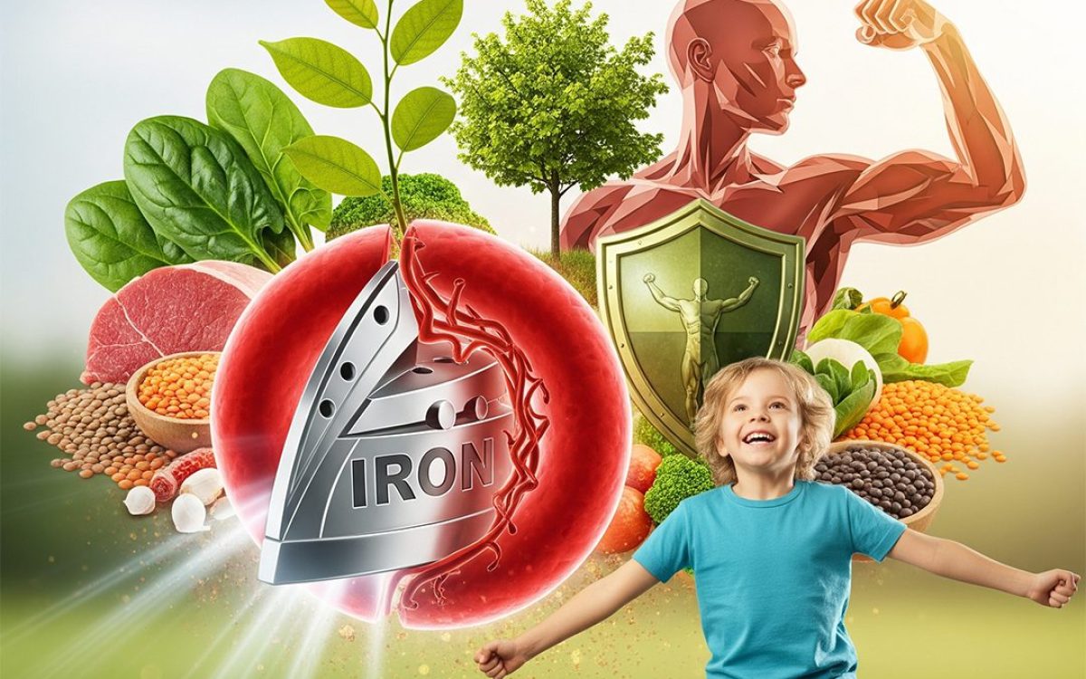A symbolic image showing a strong child, a large red blood cell with the word "IRON," and icons of healthy foods, a shield, and a growing tree, representing the benefits of iron for children's growth and health.