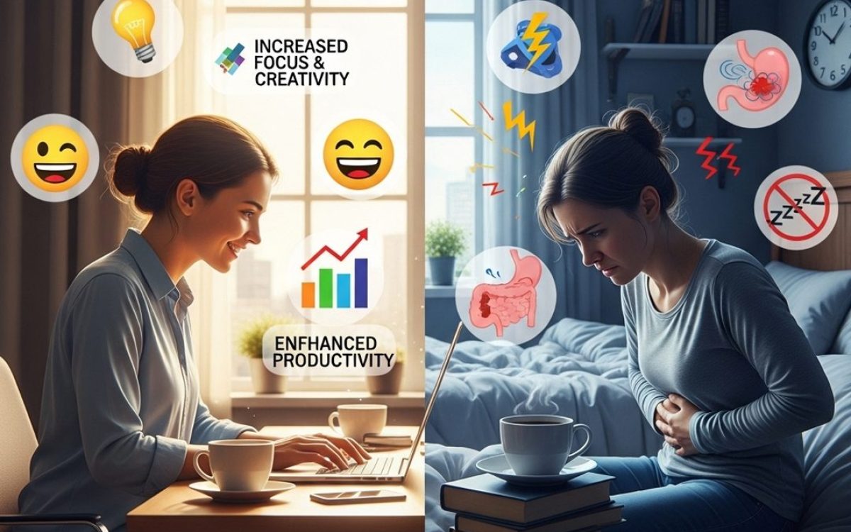 A split-screen image illustrating the pros and cons of coffee. The 'Pros' side shows a productive, happy person, while the 'Cons' side shows a person experiencing stress and digestive discomfort.