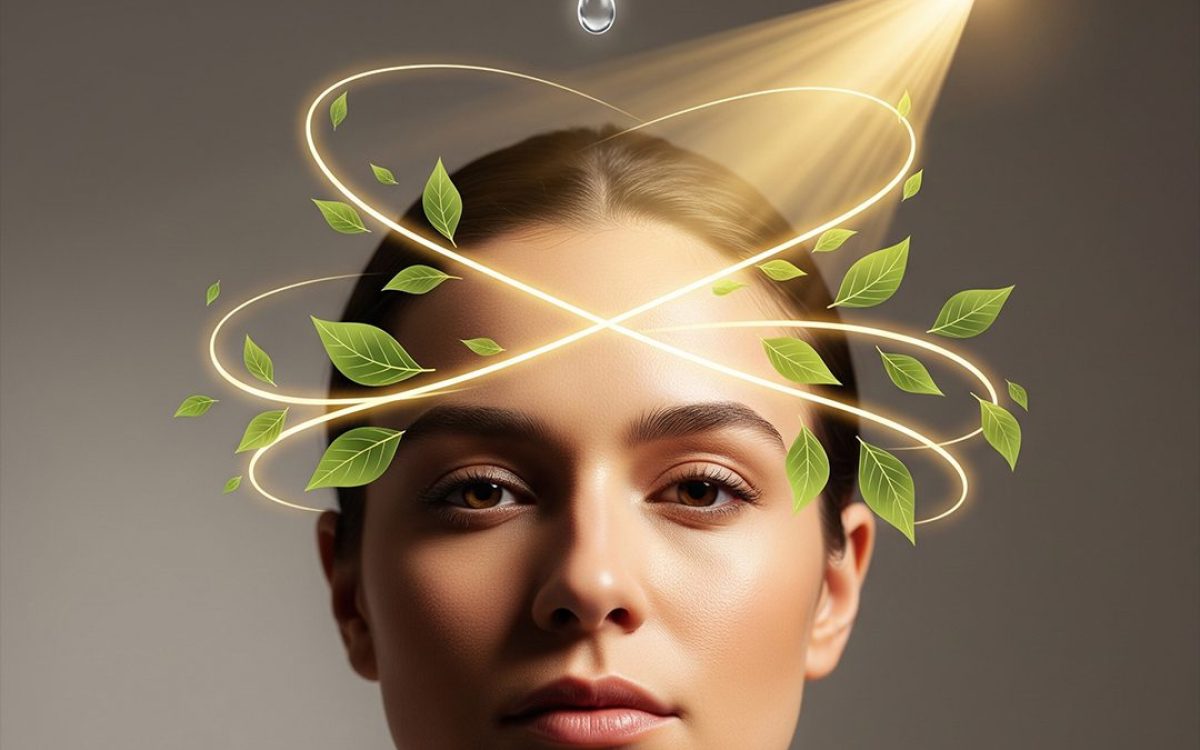 A close-up shot of a person with a serene and focused expression, their head subtly encircled by glowing leaves and light, symbolizing a healthy mind and supporting brain health.