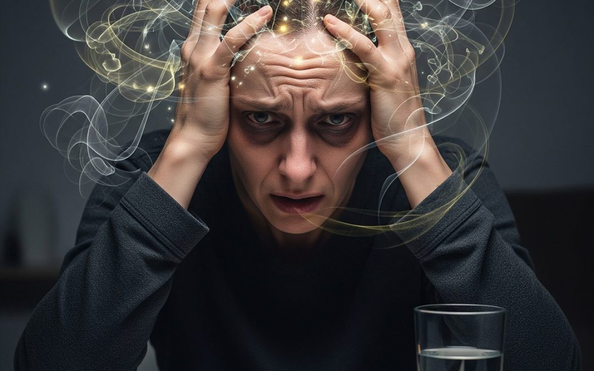 "Woman looking distressed at a simple meal, illustrating how vitamin deficiency can impact mood and well-being."
