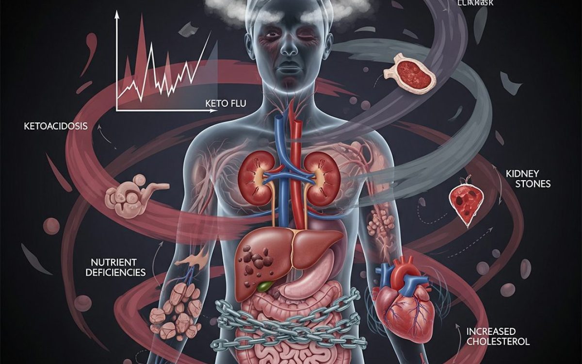 Conceptual illustration of the keto diet risks showing a semi-transparent human figure with distressed internal organs like the kidneys, heart, and liver, surrounded by warning labels for 'Ketoacidosis,' 'Keto Flu,' 'Nutrient Deficiencies,' and 'Kidney Stones.'
